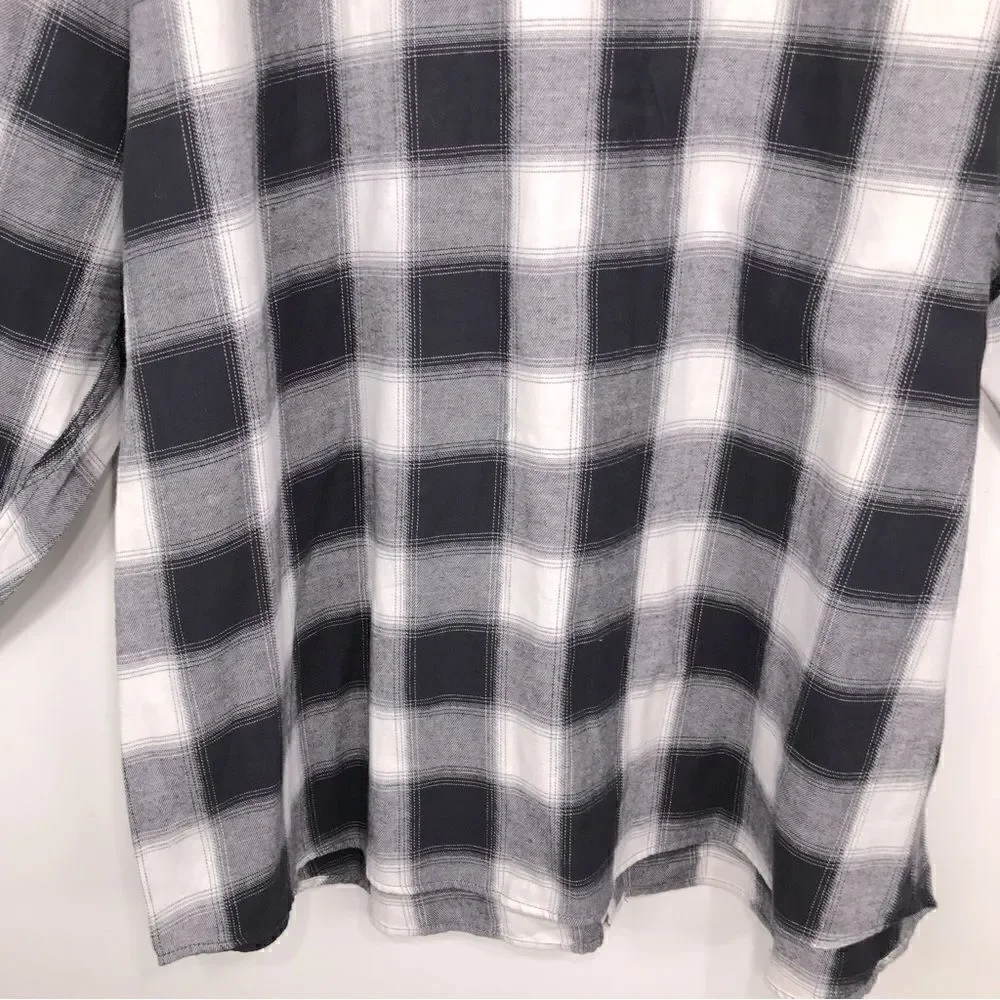 Blue Mountain Charcoal Gray White Plaid Flannel Button Down Casual Shirt